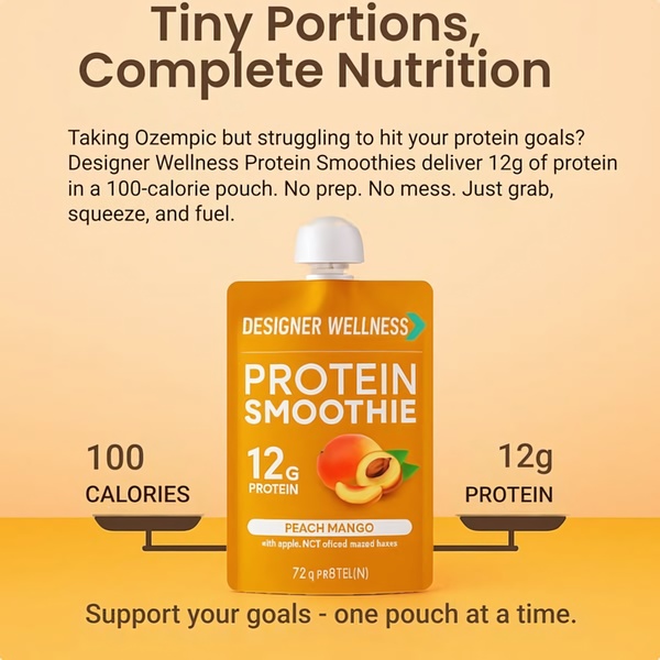 A high-contrast, benefit-led product ad for a protein smoothie pouch, focusing on calorie-to-protein ratio and convenience.